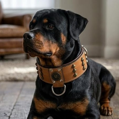 Wide Studded Leather Dog Collar with Lion Soft Padding