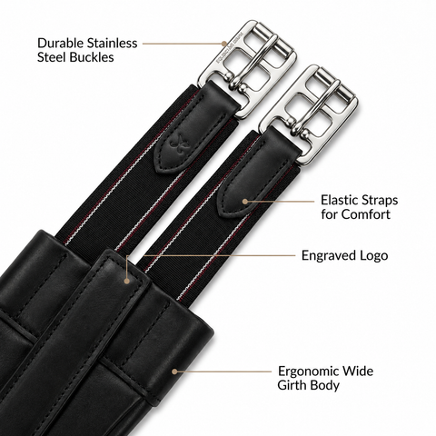 Leather Padded Horse Girth – Chafeless Grained Leather with Triple Elastic