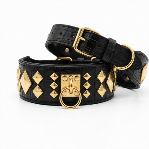 Handmade Crocodile-Embossed Leather Dog Collar with Gold Studs