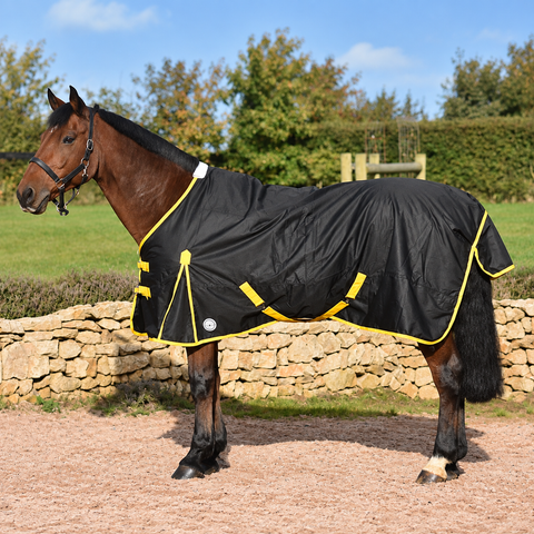 Black turnout rug with yellow trim and standard neck on a bay horse