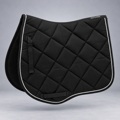 Black general purpose saddle pad with white rope piping and diamond quilting