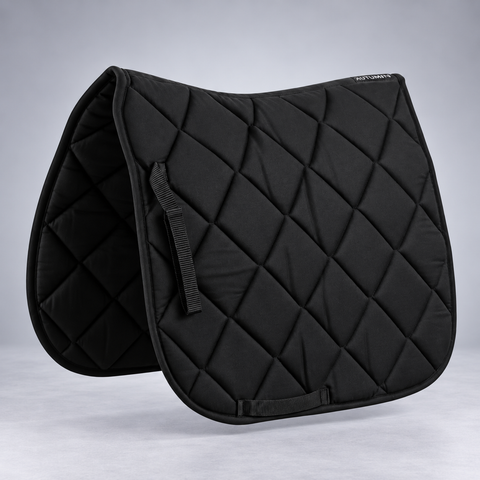Black quilted dressage saddle pad with high wither cut and girth loop