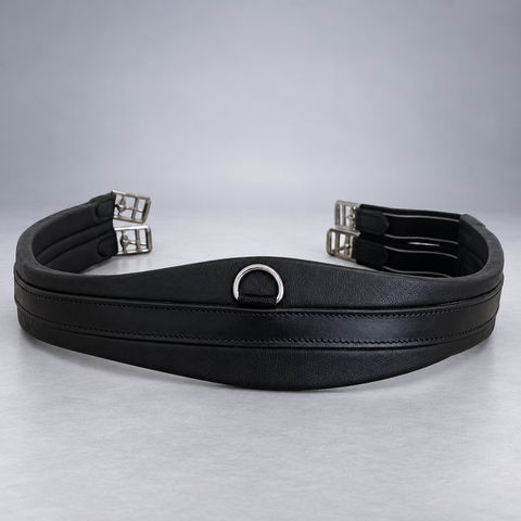 Black padded leather horse girth with centre D-ring and elastic ends