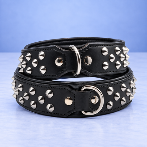 Black leather dog collars with three rows of silver cone studs