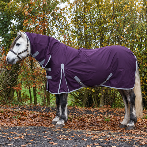 Plum turnout rug with grey trim and neck cover on a grey pony