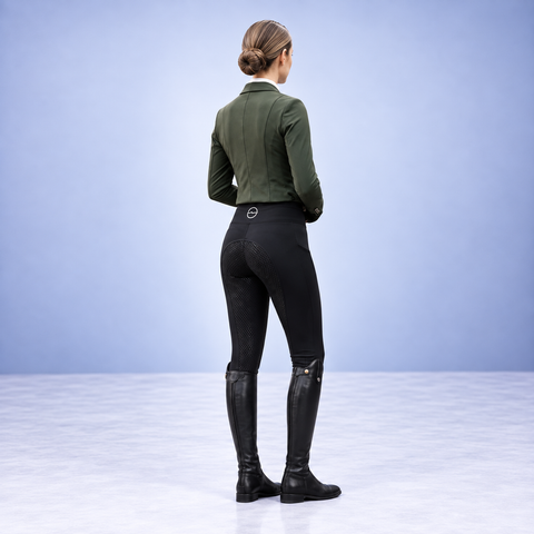 Black silicone seat riding tights from behind worn with tall boots