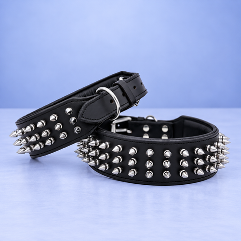 Leather Dog Collar with Silver Spike Studs for Big Dogs