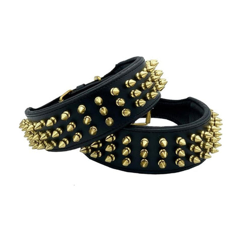 Leather Dog Collar with Gold Spike Studs for Big Dogs