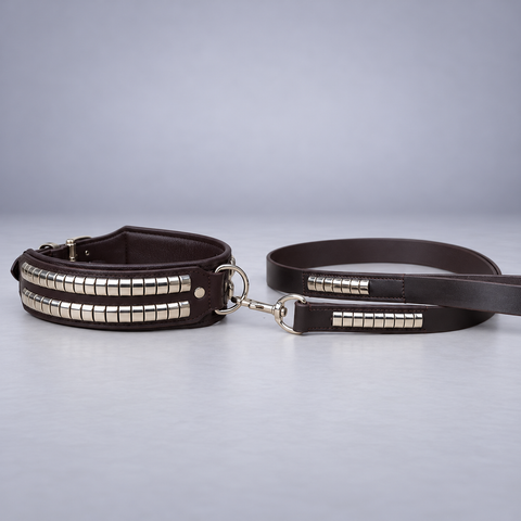 Brown Studded Leather Dog Collar & Lead – Padded Set for Comfort