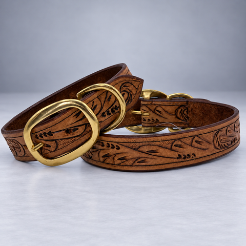 Leather Dog Collar – Hand Tooled Brown Luxury Collar for Big Dogs