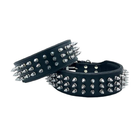 Leather Dog Collar with Silver Spike Studs for Big Dogs