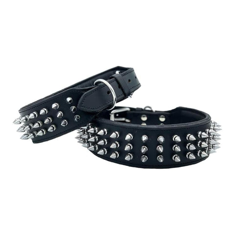 Leather Dog Collar with Silver Spike Studs for Big Dogs