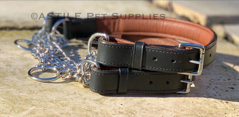 Half Check Choke Adjustable Leather Dog Collar With Chain 1 inch Wide Padded