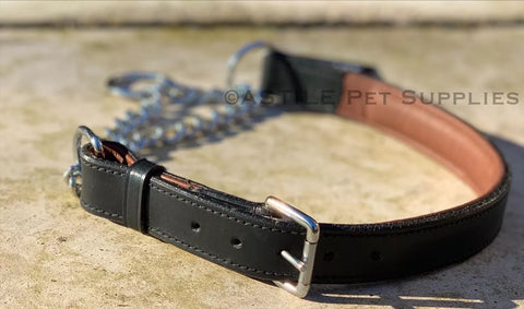 Half Check Choke Adjustable Leather Dog Collar With Chain 1 inch Wide Padded