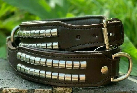 Brown Studded Leather Dog Collar & Lead – Padded Set for Comfort