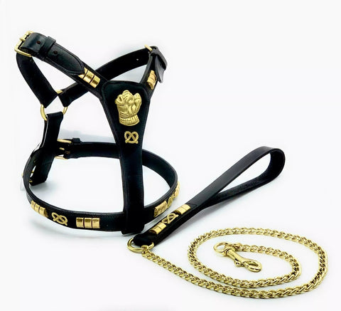 Leather Staffordshire Staffy Bull Terrier Harness Lead Set Black Gold Chain Lead