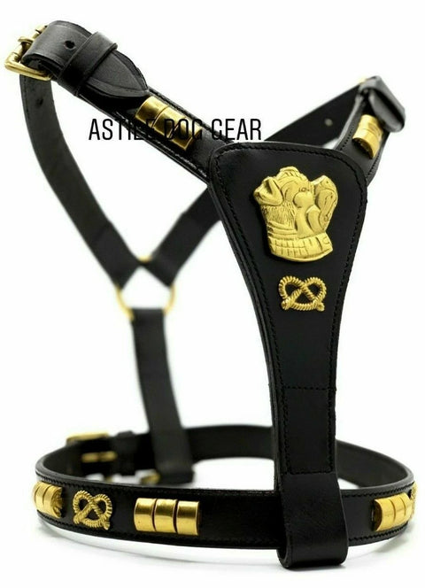 Leather Staffordshire Staffy Bull Terrier Harness Lead Set Black Gold Chain Lead